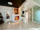 Modern living room with decorative elements and tiled flooring