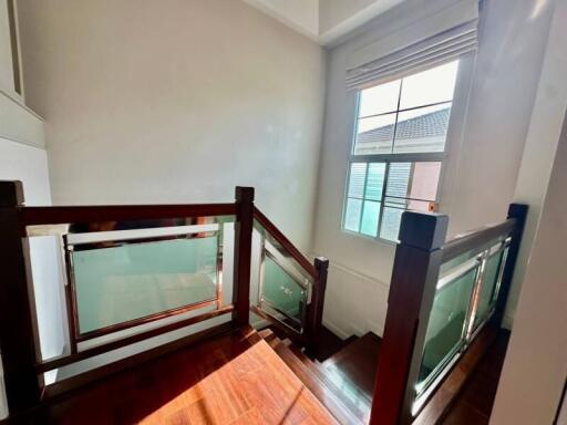 Well-lit wooden staircase with modern railing