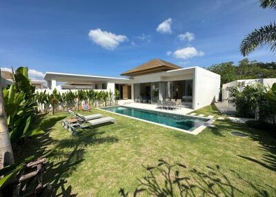 Modern house with a swimming pool and lawn