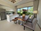 Modern kitchen dining area with natural light