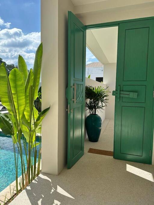 front entrance with green door and pool view