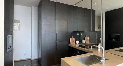 Modern kitchen with dark cabinetry and stainless steel sink