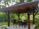 Covered outdoor dining area with pool