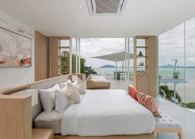 Modern bedroom with large windows offering ocean view