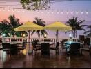 Outdoor patio with seating and string lights