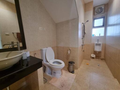 Modern bathroom with toilet, sink, urinal, and shower area