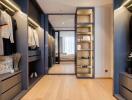 Luxurious walk-in closet with ample storage space, view into a bedroom