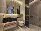 Modern bathroom with large mirror and floating vanity