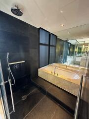 Modern bathroom with large soaking tub and walk-in shower