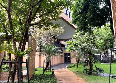 A pathway leading to the main entrance of a modern building surrounded by lush greenery and trees
