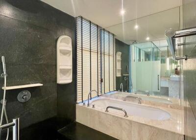 Modern bathroom with bathtub and shower area