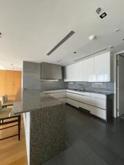 Modern kitchen with granite countertops and integrated appliances