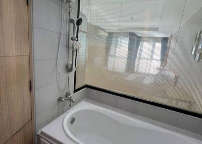 Modern bathroom with a bathtub and a view through a window