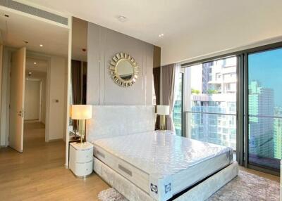 Modern bedroom with large window view of the city