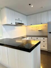 Modern kitchen with white cabinetry and black countertops