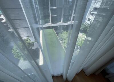 View from window with sheer curtains, overlooking courtyard with green space