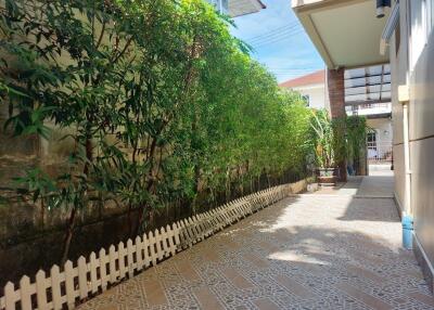 Outdoor passage with greenery and tiled pathway