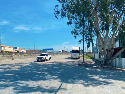 Street view with a white car and a truck parked under a tree