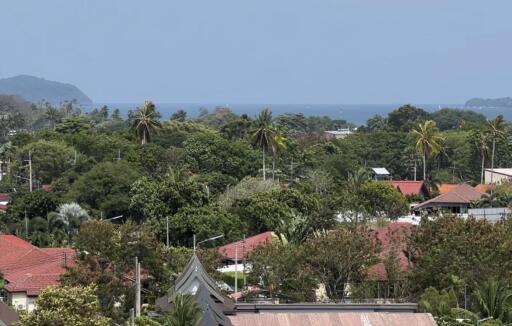 Scenic view of a neighborhood with trees, red rooftops, and ocean in the background