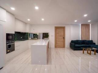 Spacious modern kitchen with island and adjacent living area