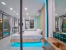 Modern bedroom with glass walls and ambient lighting