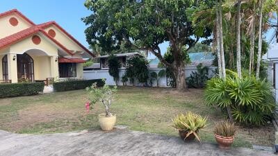 Front yard of a house with trees and potted plants