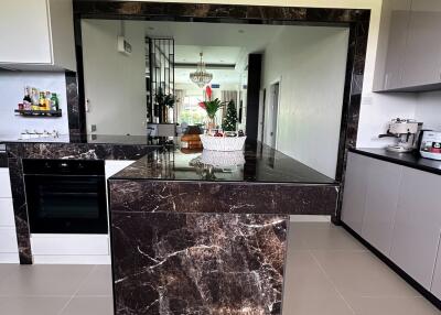 Modern kitchen with dark marble island and built-in appliances