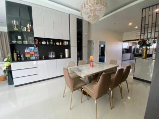 Modern dining room with chandelier