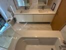 Bathroom with double sinks, toilet, bathtub, and shower