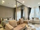 Modern bedroom with seating area and natural light