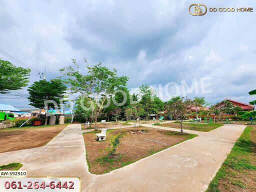Spacious outdoor area with pathways and trees