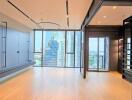 modern living room with large windows and city view