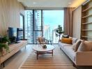 Modern living room with panoramic city view