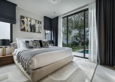 Modern bedroom with large window and outdoor view