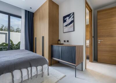 Modern bedroom with wooden accents