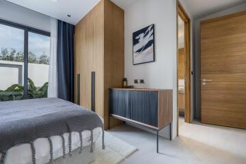 Modern bedroom with wooden accents