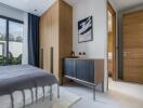 Modern bedroom with wooden accents