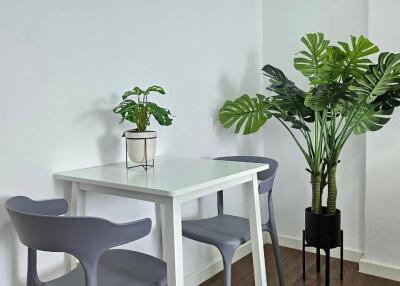 Small dining area with table, chairs, and plants