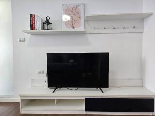 Living room with TV and shelving