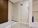 Modern bathroom with glass shower door and wooden blinds