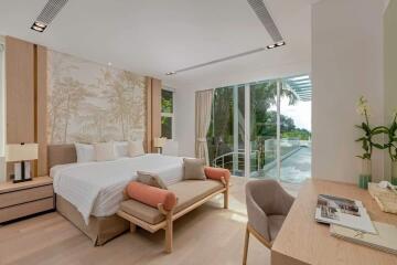 Modern bedroom with large windows and natural light