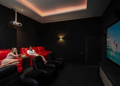 A modern home theater with comfortable seating and a projector screen