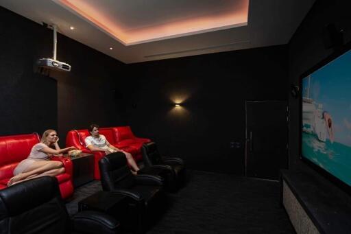 A modern home theater with comfortable seating and a projector screen