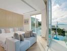 Modern bedroom with ocean view and large windows