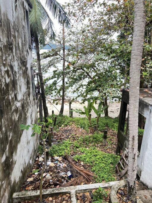 Outdoor area with a view of the beach and surrounding greenery