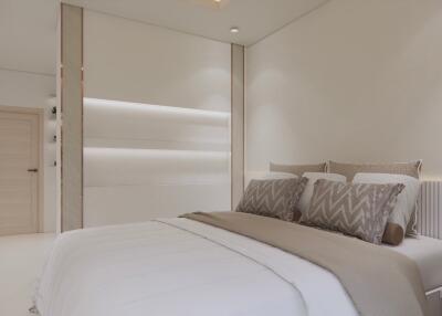 Modern bedroom with neutral tones and ambient lighting