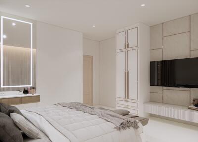 Spacious modern bedroom with built-in storage and wall-mounted TV