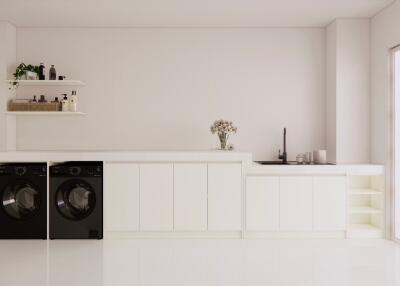 Modern laundry room with washing machines and white cabinetry