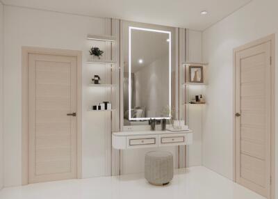 Modern bedroom with vanity area and shelves