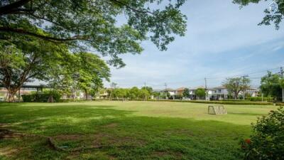 View of a spacious community park with green lawn, trees, and nearby residences